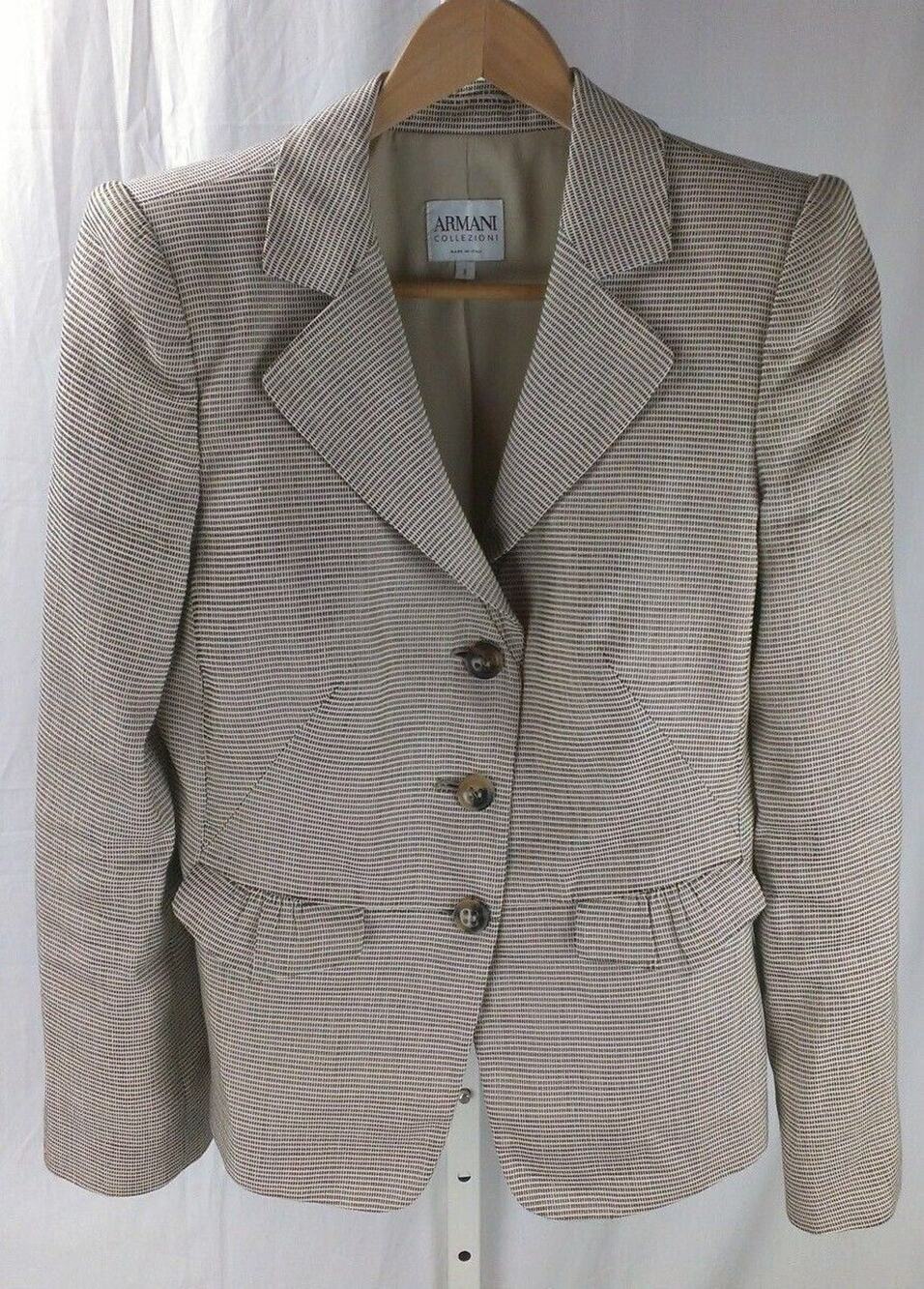 Armani Collezioni Brown Cream Cute Pockets Three Button Jacket Blazer Coat Sz 8